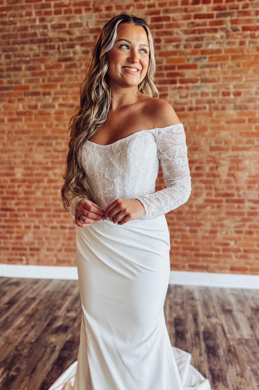 Mermaid Satin Lace Boho Wedding Dresses Long Sleeves Beach Wedding Gowns for Women HE1152