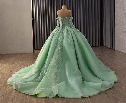 Off Shoulder Tulle Beaded Green Quinceanera Dresses Long Sleeves Sweet 16 Party Gowns HE1178