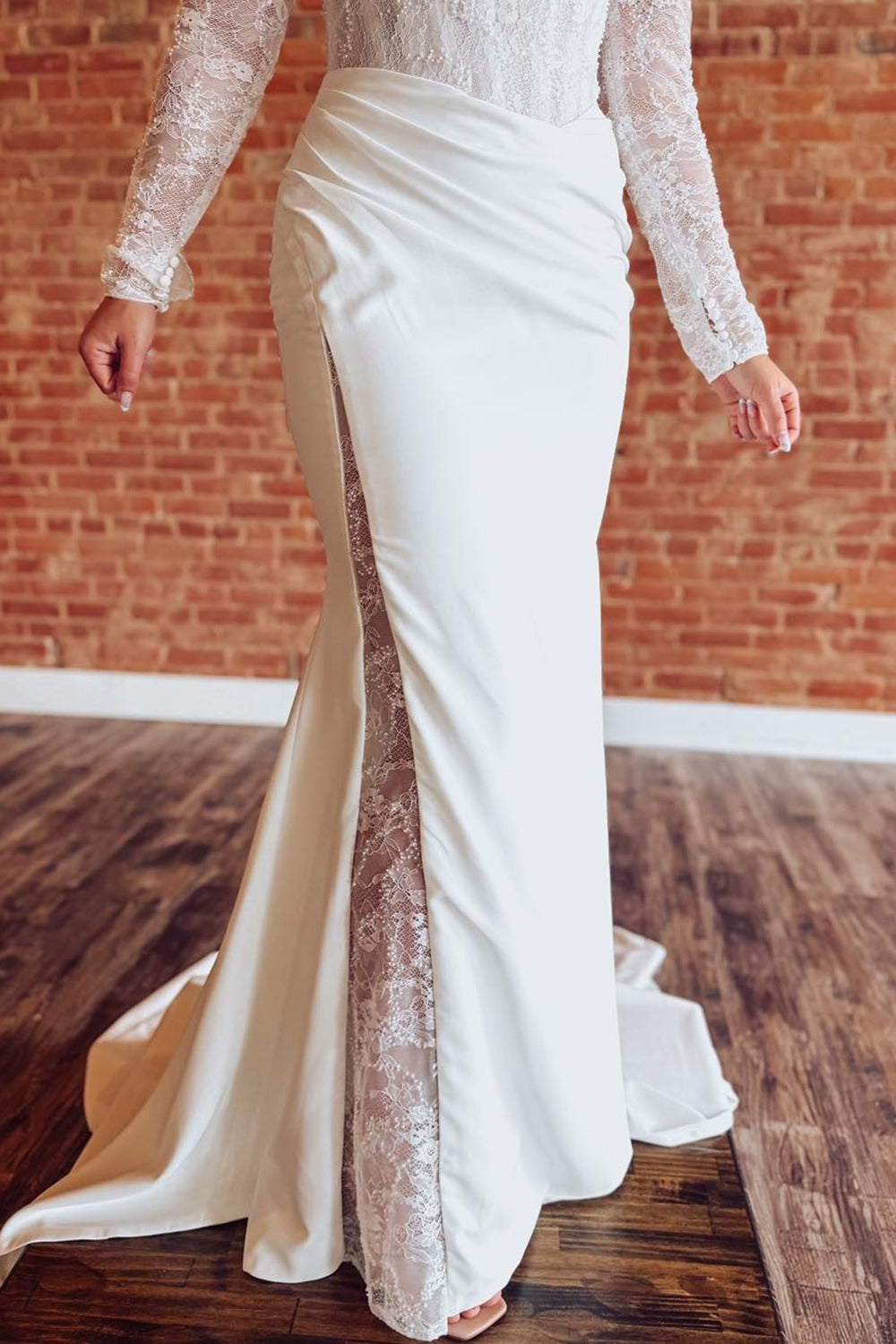 Mermaid Satin Lace Boho Wedding Dresses Long Sleeves Beach Wedding Gowns for Women HE1152