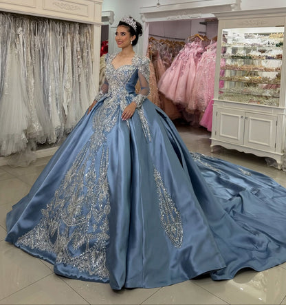 Long Sleeves Satin Beaded Quinceanera Dresses Sweetheart Princess Sweet 16 Prom Dress HE1162