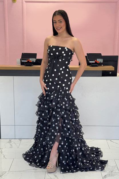 Mermaid Strapless Chiffon Black Dots Long Prom Dresses Sweetheart Evening Gowns with Ruffled HE1205