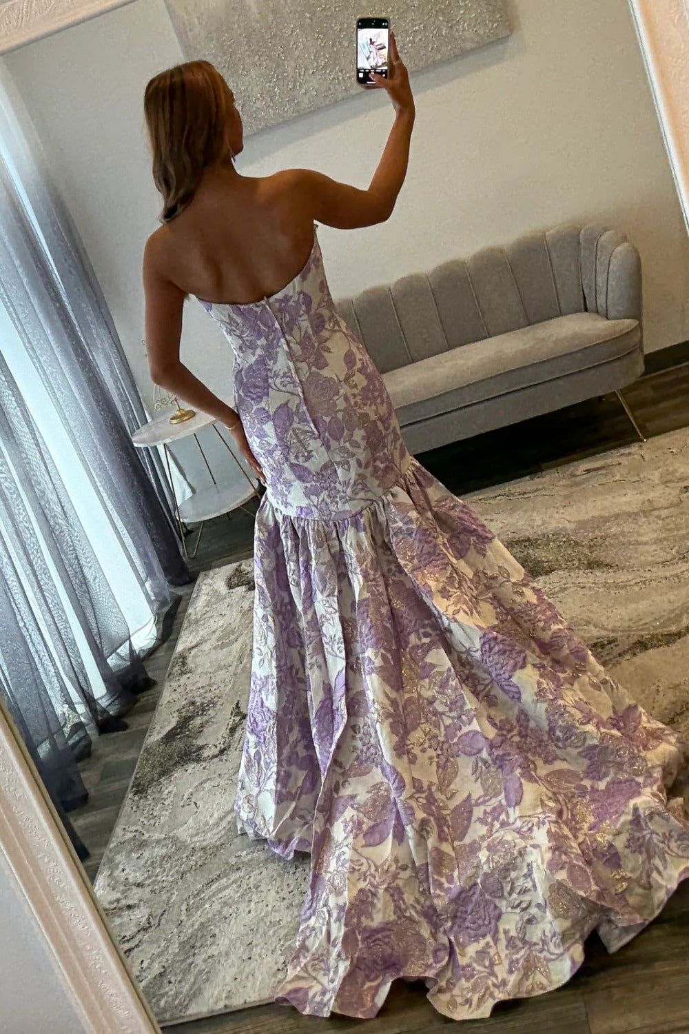 Sweetheart Mermaid Satin Floral Print Prom Dresses Long Strapless Evening Gowns HE1182