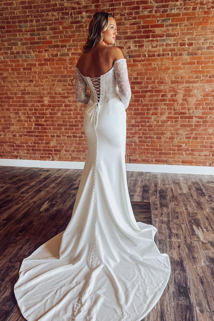 Mermaid Satin Lace Boho Wedding Dresses Long Sleeves Beach Wedding Gowns for Women HE1152