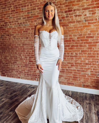 Sweetheart Mermaid Satin Wedding Dresses Beach Lace Long Sleeves Bride Wedding Gowns HE1150