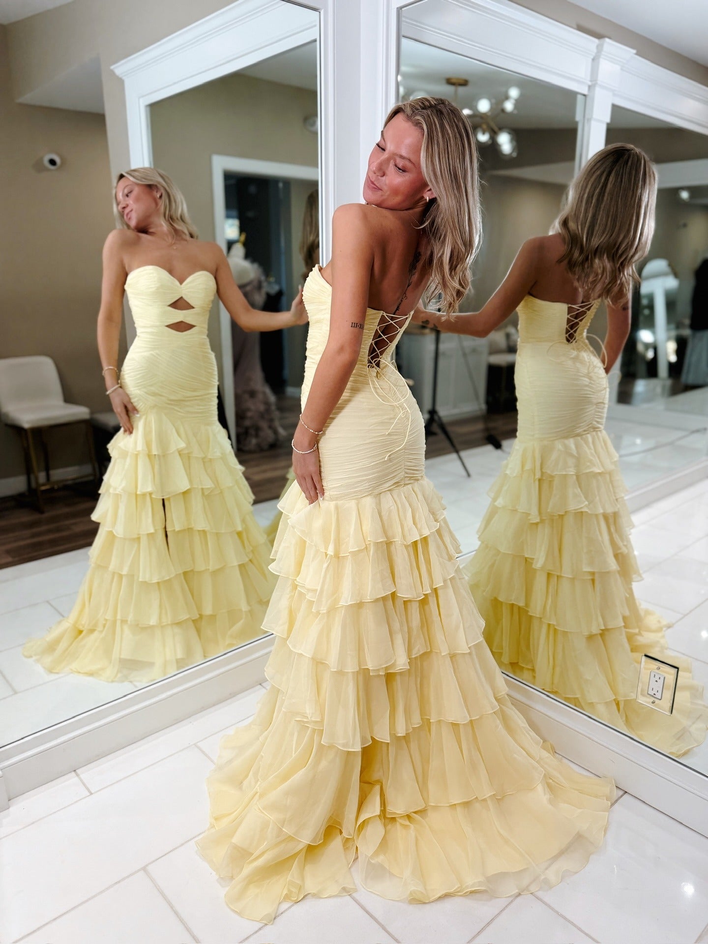 Mermaid Sweetheart Keyhole Prom Dresses Long Strapless Chiffon Ruffled Evening Gowns HE1139