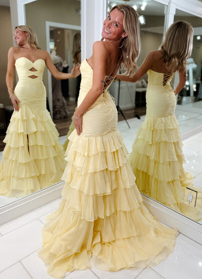 Mermaid Sweetheart Keyhole Prom Dresses Long Strapless Chiffon Ruffled Evening Gowns HE1139