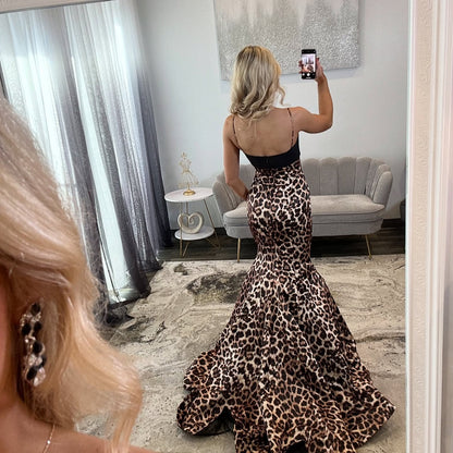 Mermaid Satin Leopard Print Prom Dresses Long V Neck Evening Gowns for Women HE1188