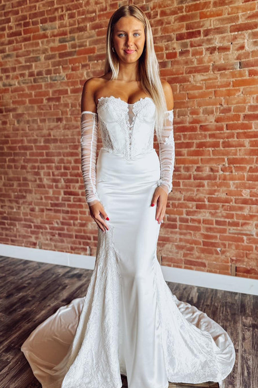 Sweetheart Mermaid Satin Wedding Dresses Beach Lace Long Sleeves Bride Wedding Gowns HE1150
