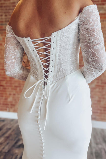 Mermaid Satin Lace Boho Wedding Dresses Long Sleeves Beach Wedding Gowns for Women HE1152