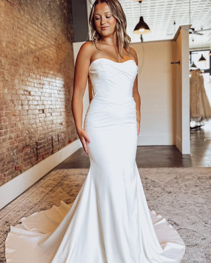 Women's Off Shoulder Mermaid Satin Wedding Dresses Simple Boho Bridal Wedding Gowns HE1148