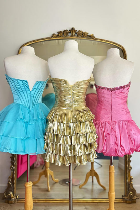 Vestido de fiesta corto fruncido en línea A con dorado metalizado y cuentas HE633