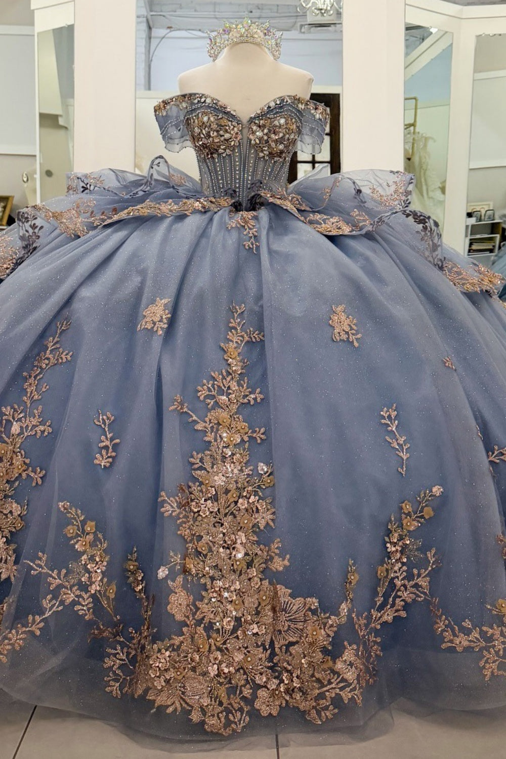 Off Shoulder Tulle Corset Appliqued Quinceanera Dresses Princess Sweet 16 Party Gowns HE1212