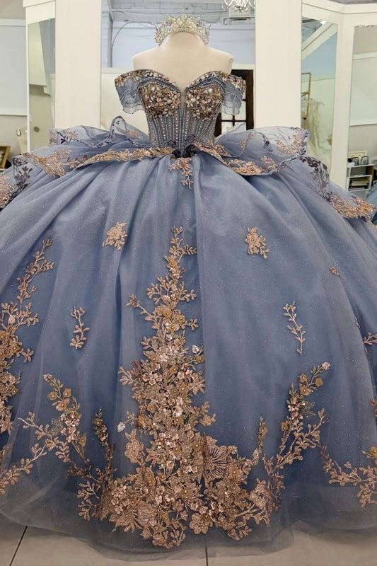 Off Shoulder Tulle Corset Appliqued Quinceanera Dresses Princess Sweet 16 Party Gowns HE1212