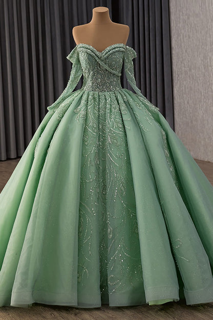 Off Shoulder Tulle Beaded Green Quinceanera Dresses Long Sleeves Sweet 16 Party Gowns HE1178