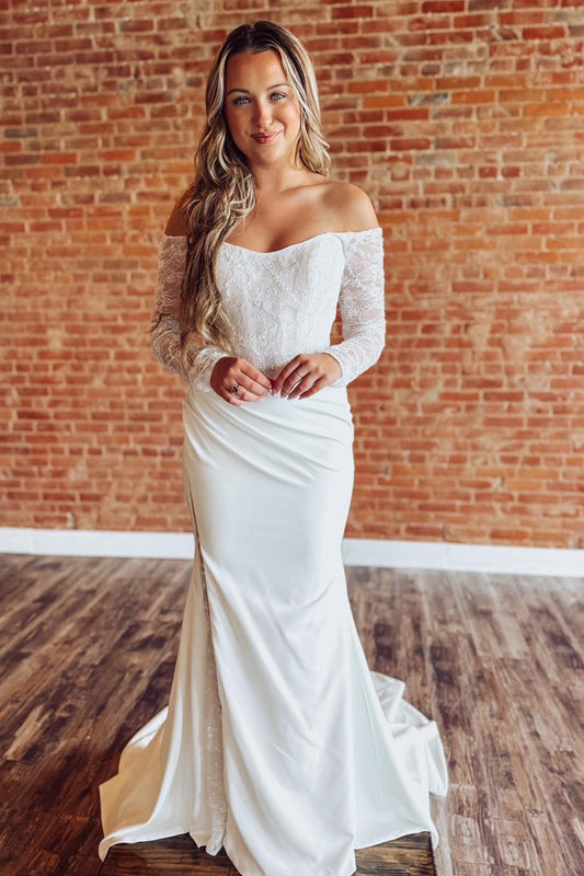 Mermaid Satin Lace Boho Wedding Dresses Long Sleeves Beach Wedding Gowns for Women HE1152