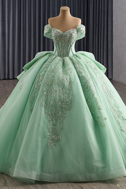Gorgeous Tulle Lace Appliqued Sweet 16 Quinceanera Dresses Green Birthday Party Gowns HE1181