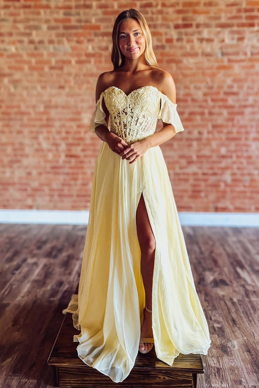 Off Shoulder A Line Chiffon Long Prom Dresses Lace Appliqued Party Gowns with Split HE1140