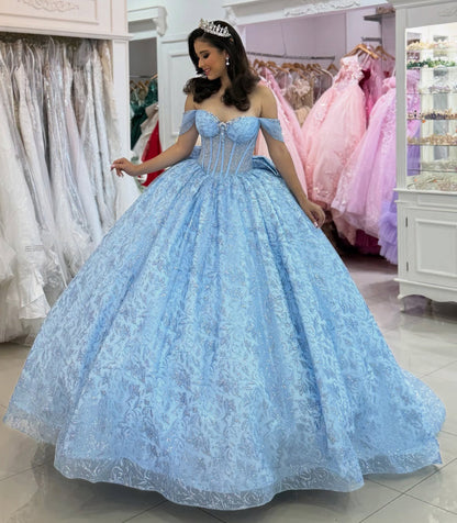 Off Shoulder Blue Sweet 16 Quinceanera Dresses Tulle Lace Birthday Party Dresses HE1164