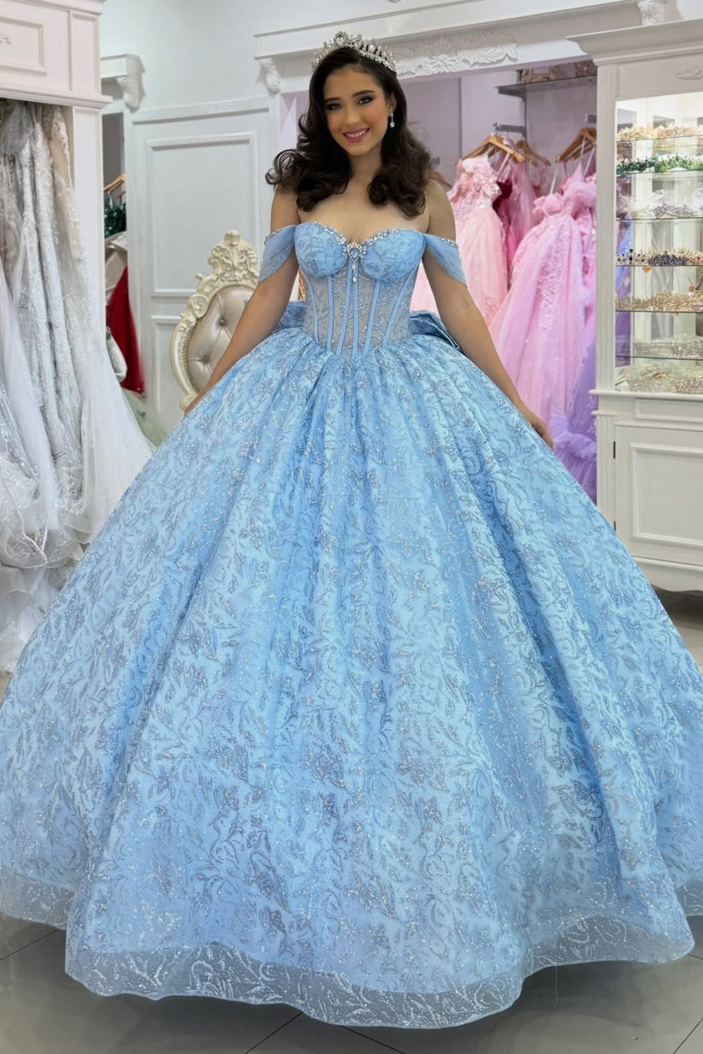 Off Shoulder Blue Sweet 16 Quinceanera Dresses Tulle Lace Birthday Party Dresses HE1164