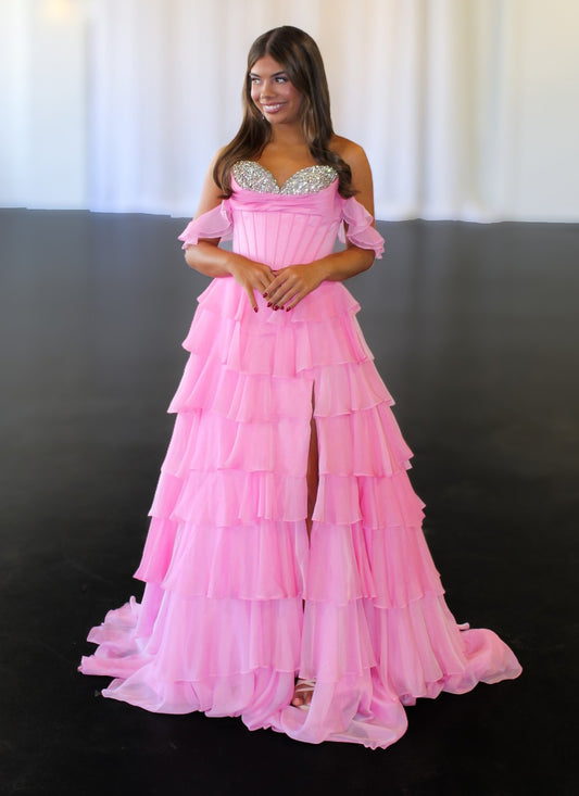 Off Shoulder A Line Prom Dresses Long Chiffon Ruffled Beaded Evening Gowns with Split HE1208