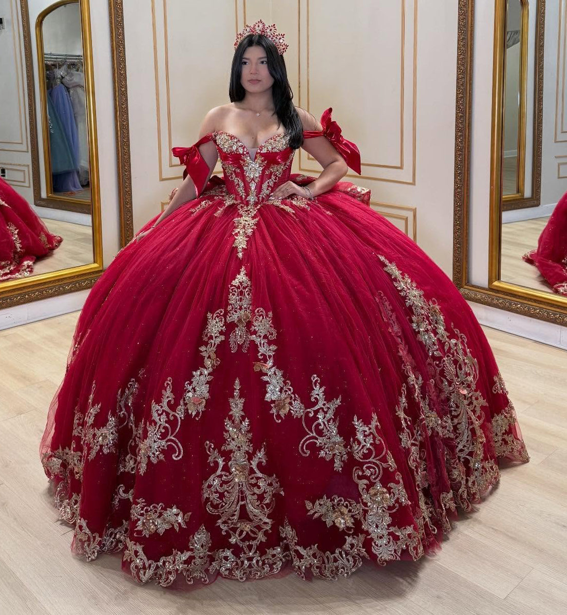 Off Shoulder Lace Appliqued Red Quinceanera Dresses Ball Gown Sweet 16 Party Dress HE1168