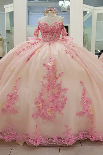 Princess Ball Gown Pink Quinceanera Dresses Tulle Appliqued Sweet 16 Party Gowns HE1169