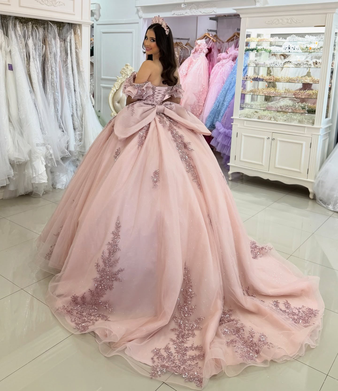 Ball Gown Princess Lace Appliqued Pink Quinceanera Dresses for Sweet 16 HE1163
