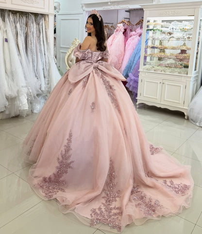 Ball Gown Princess Lace Appliqued Pink Quinceanera Dresses for Sweet 16 HE1163