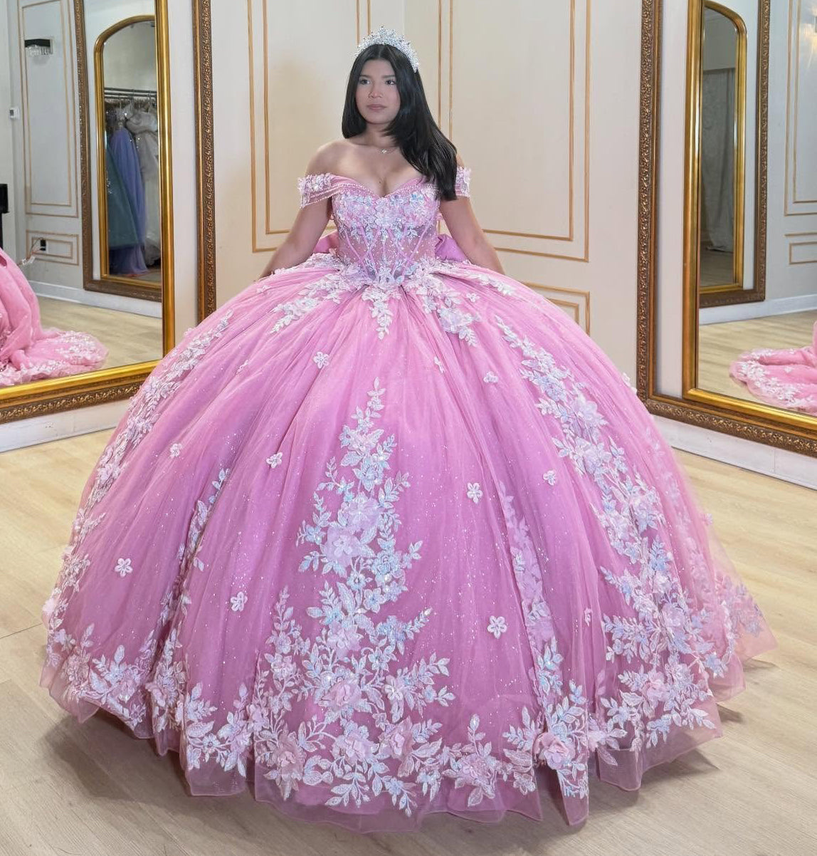 Off Shoulder Lace Appliqued Sweet 16 Quinceanera Dresses Pink Prom Party Dresses HE1167