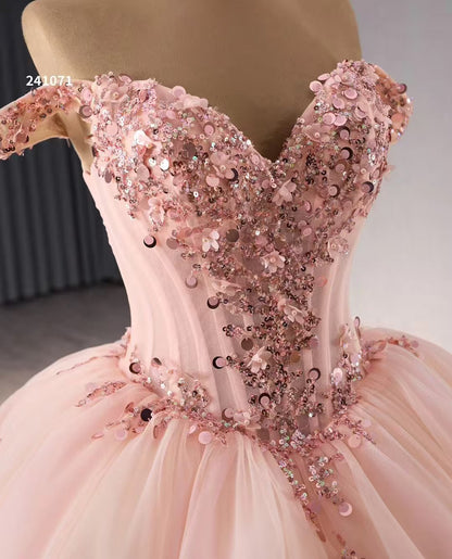 Princess Tulle Ruffled Pink Quinceanera Dress for Sweet 16 Off Shoulder Prom Party Gowns HE1170