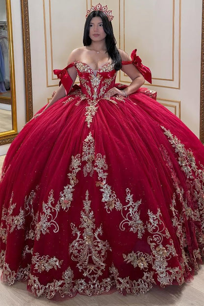 Off Shoulder Lace Appliqued Red Quinceanera Dresses Ball Gown Sweet 16 Party Dress HE1168