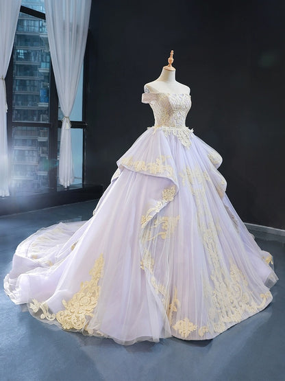 Princess Tulle Lace Appliqued Sweet 16 Quinceanera Dresses Off Shoulder Prom Gowns HE1179