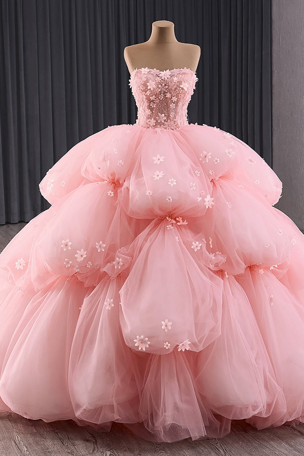 Sweetheart Tulle 3D Flower Pink Quinceanera Dresses Ball Gown Prom Dress for Sweet 16 HE1176
