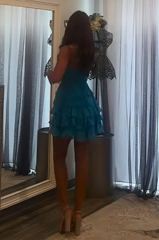 Vestido de fiesta de gasa azul con escote en forma de A, con capas y lazo, HE591
