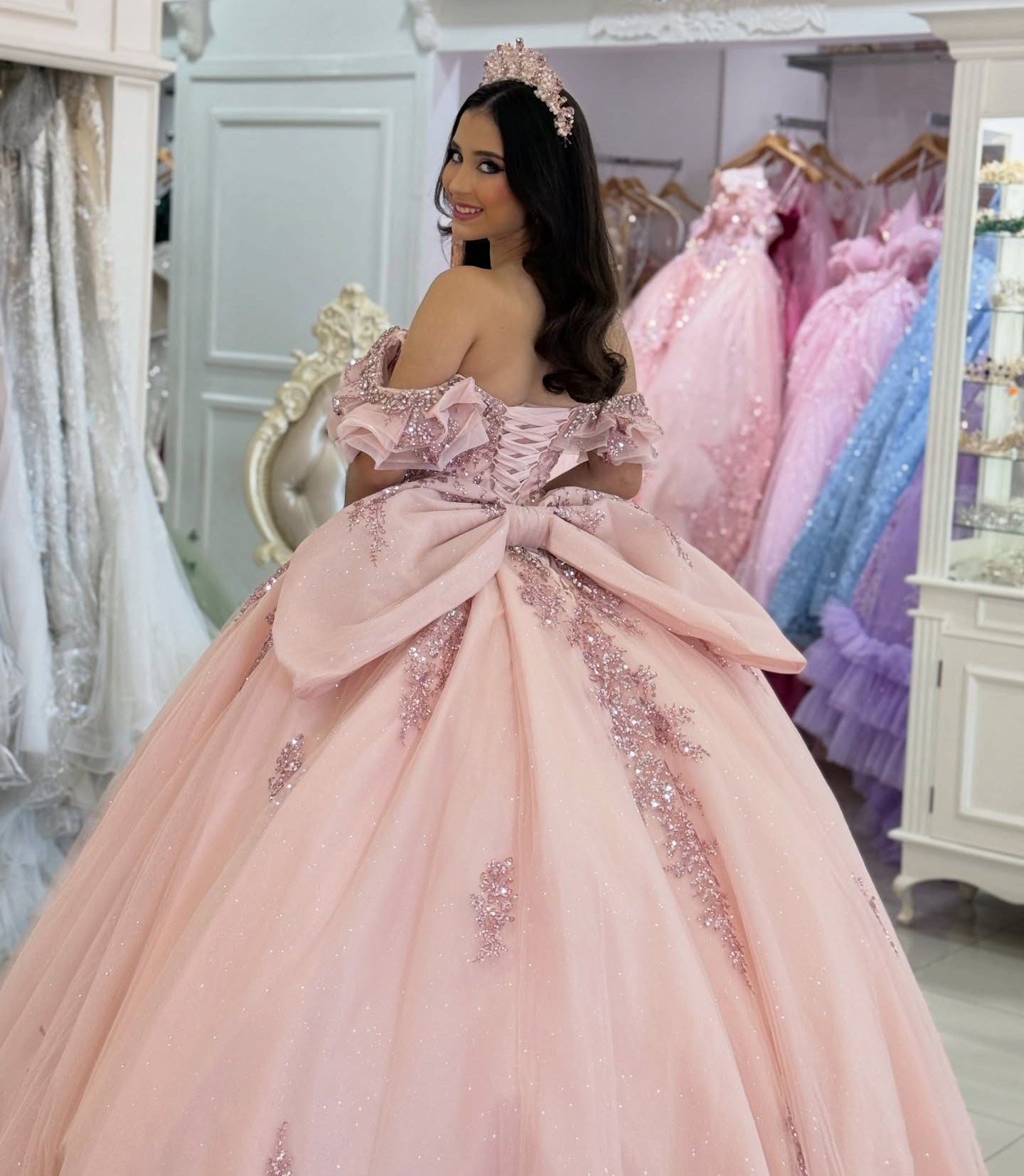 Ball Gown Princess Lace Appliqued Pink Quinceanera Dresses for Sweet 16 HE1163