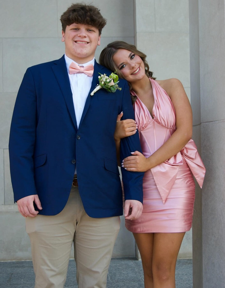 Pink Satin Halter Tight Short Corset Homecoming Dresses with Bow HE757