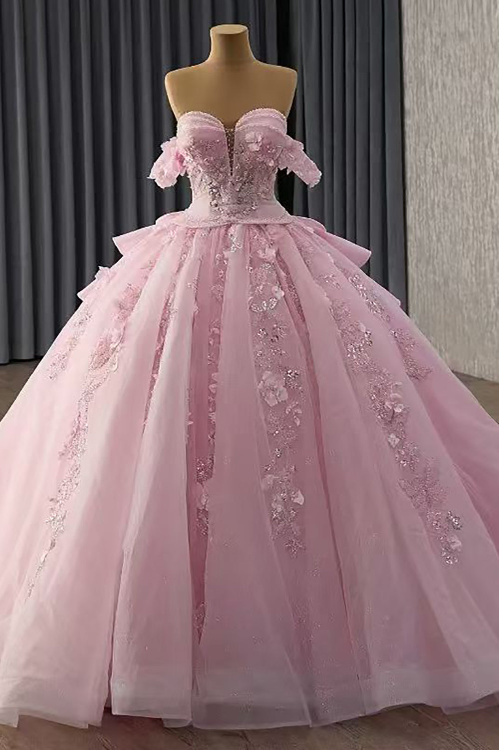 Off Shoulder Tulle Flower Corset Quinceanera Dresses Pink Lace Sweet 16 Birthday Gowns HE1171