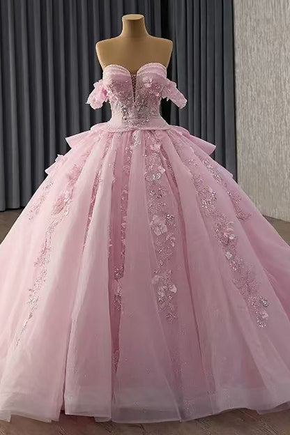 Off Shoulder Tulle Flower Corset Quinceanera Dresses Pink Lace Sweet 16 Birthday Gowns HE1171