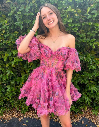 Vestidos de fiesta cortos con estampado floral fucsia, corte A, para jóvenes, HE396