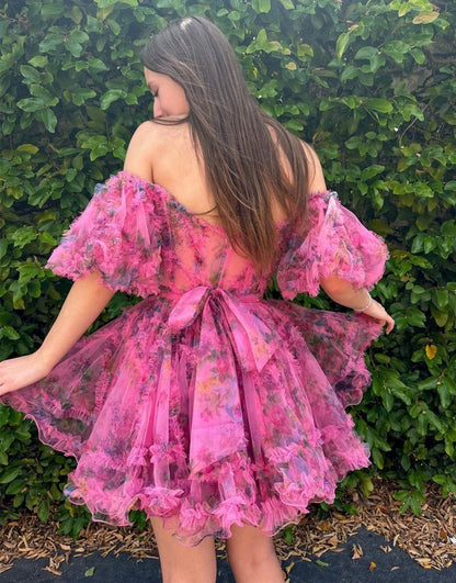 Vestidos de fiesta cortos con estampado floral fucsia, corte A, para jóvenes, HE396