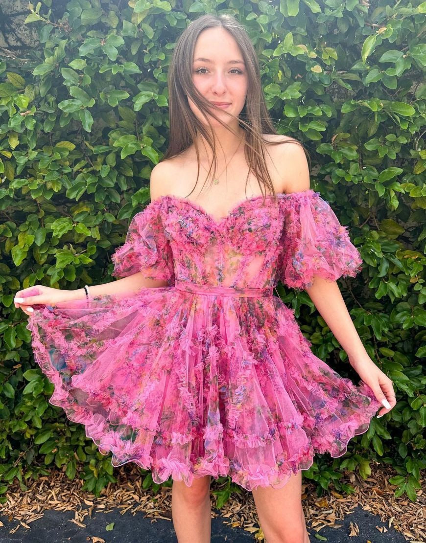Vestidos de fiesta cortos con estampado floral fucsia, corte A, para jóvenes, HE396
