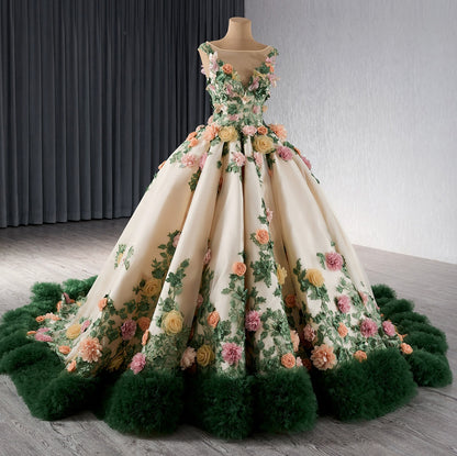 Tulle 3D Flower Sweet 16 Quinceanera Dresses Ruffled Lace Beaded Birthday Prom Gowns HE1173