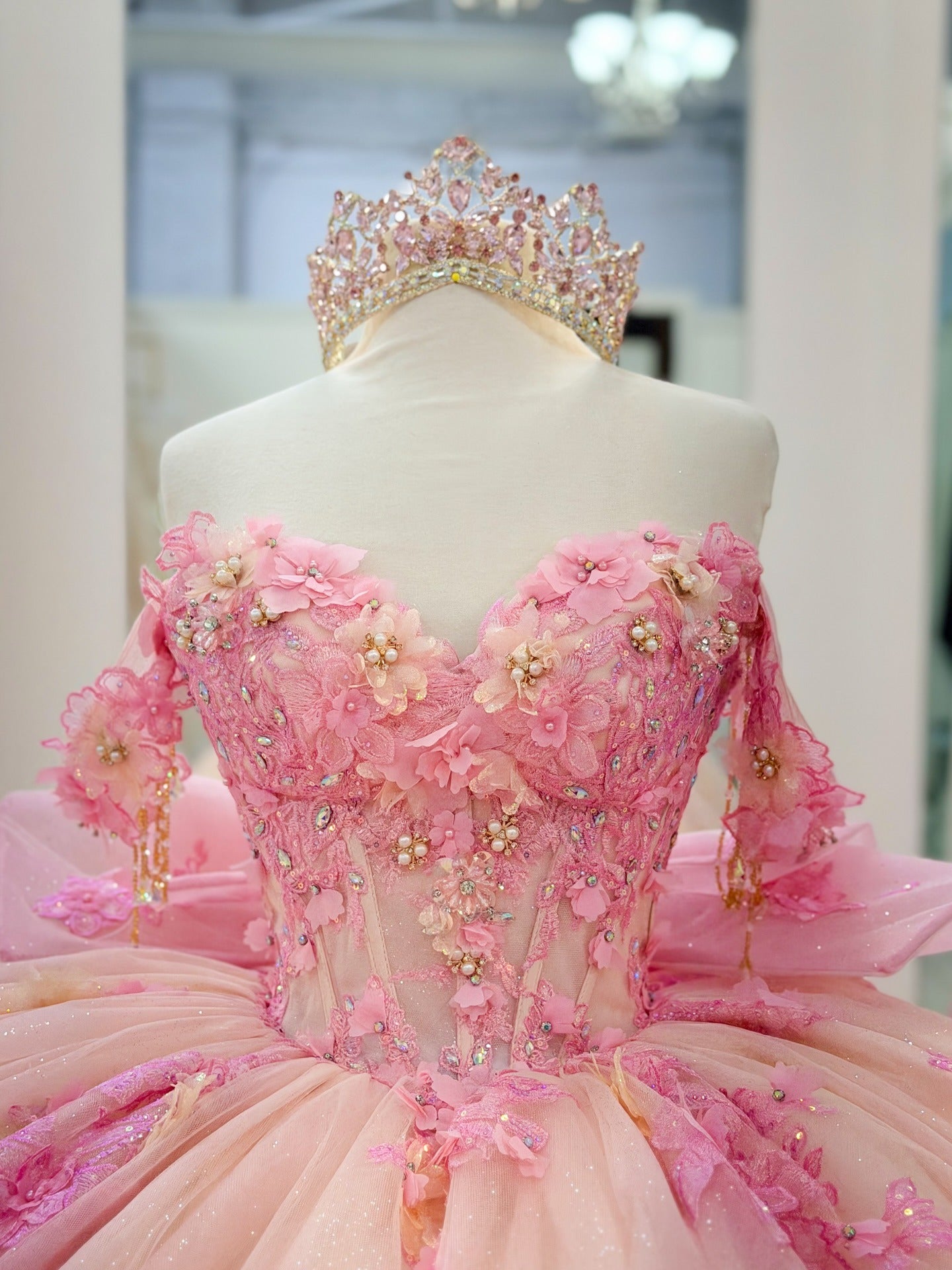 Princess Ball Gown Pink Quinceanera Dresses Tulle Appliqued Sweet 16 Party Gowns HE1169