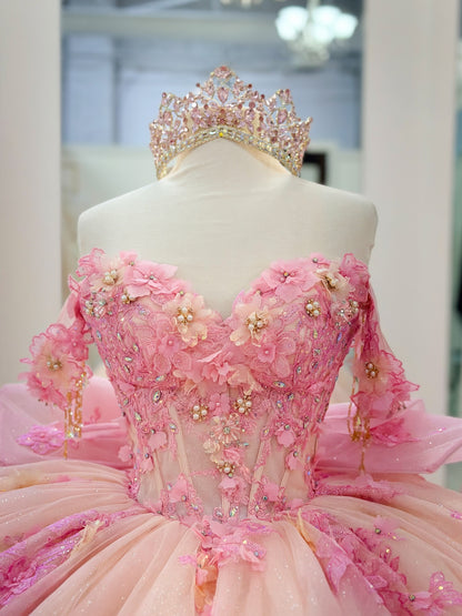 Princess Ball Gown Pink Quinceanera Dresses Tulle Appliqued Sweet 16 Party Gowns HE1169