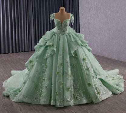 Sweetheart Ball Gown Quinceanera Dresses Tulle Ruffled 3D Flower Prom Party Gowns HE1180