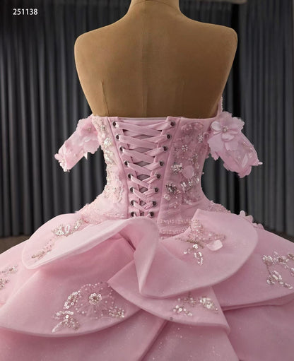 Off Shoulder Tulle Flower Corset Quinceanera Dresses Pink Lace Sweet 16 Birthday Gowns HE1171