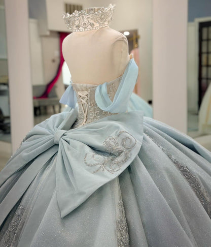 Off Shoulder Glittery Tulle Quinceanera Dresses Lace Beaded Sweet 16 Party Dress HE1211