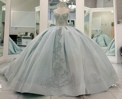 Off Shoulder Glittery Tulle Quinceanera Dresses Lace Beaded Sweet 16 Party Dress HE1211