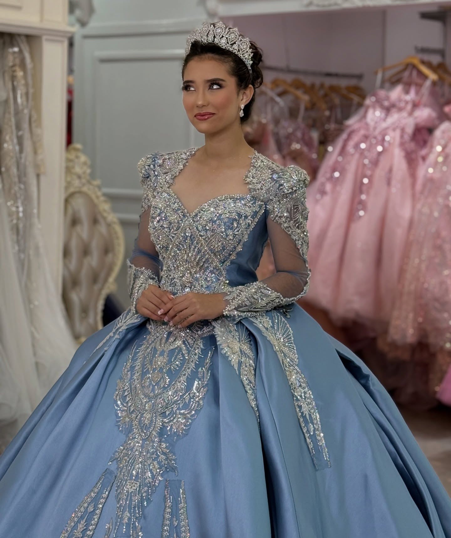 Long Sleeves Satin Beaded Quinceanera Dresses Sweetheart Princess Sweet 16 Prom Dress HE1162