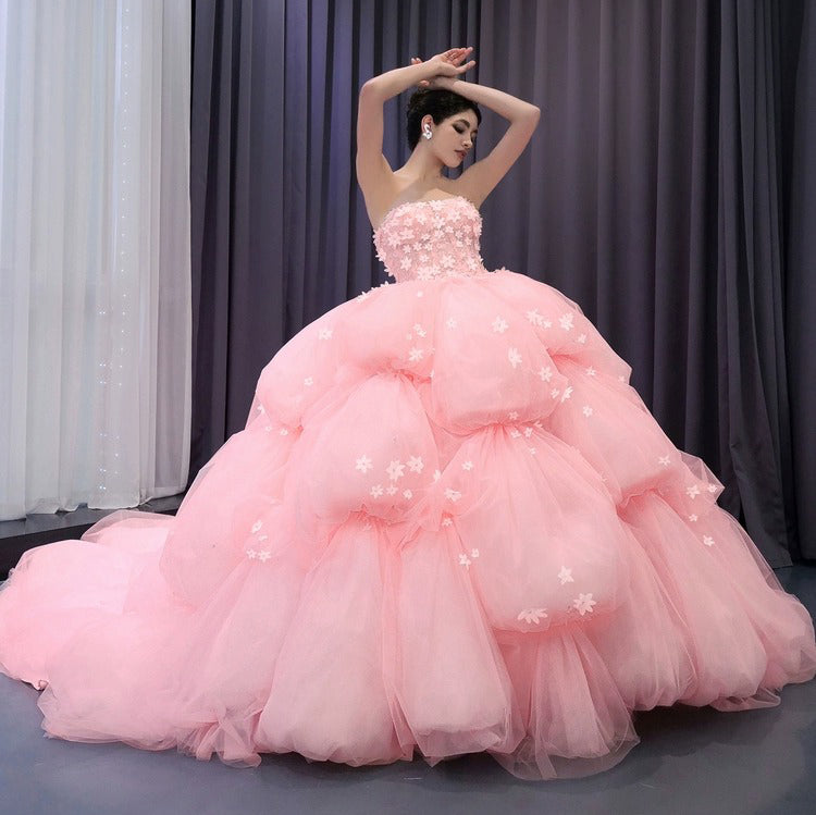 Sweetheart Tulle 3D Flower Pink Quinceanera Dresses Ball Gown Prom Dress for Sweet 16 HE1176